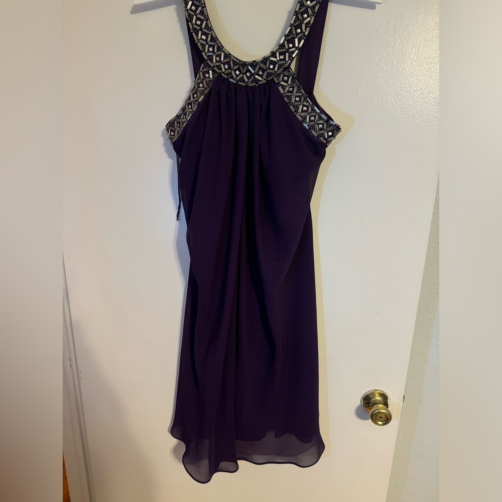 Purple  and gold halter dress with a touch of glamour #glamourdress. Slight wear